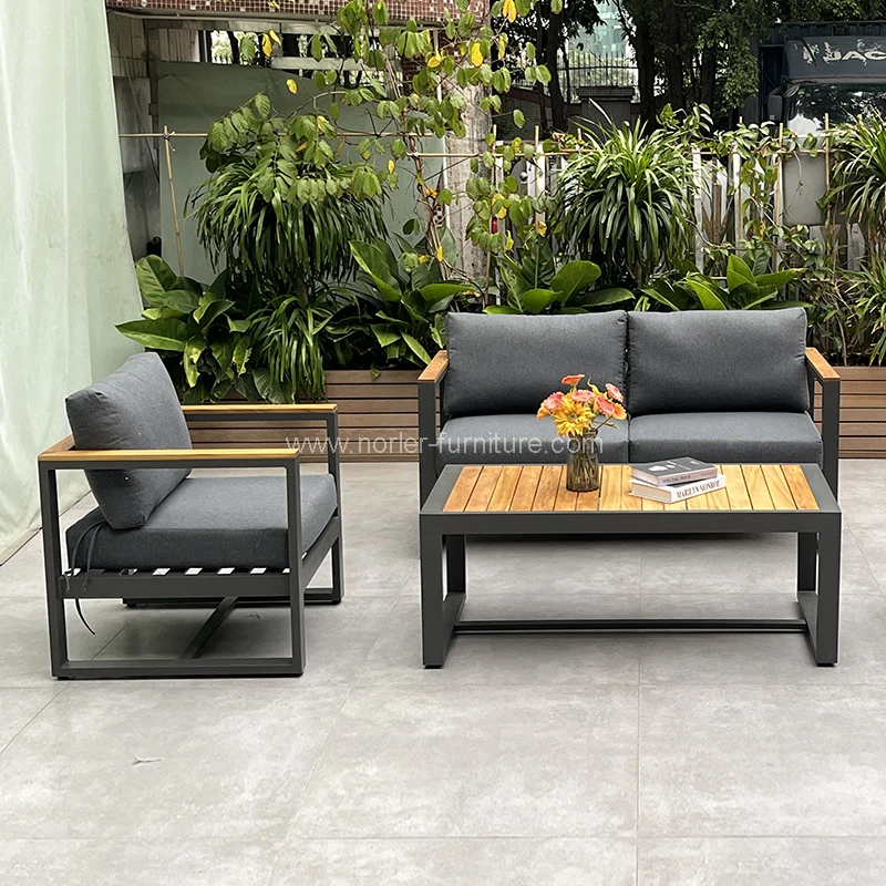 Mataas na kalidad na panlabas na aluminyo frame teak wood armrest sofa