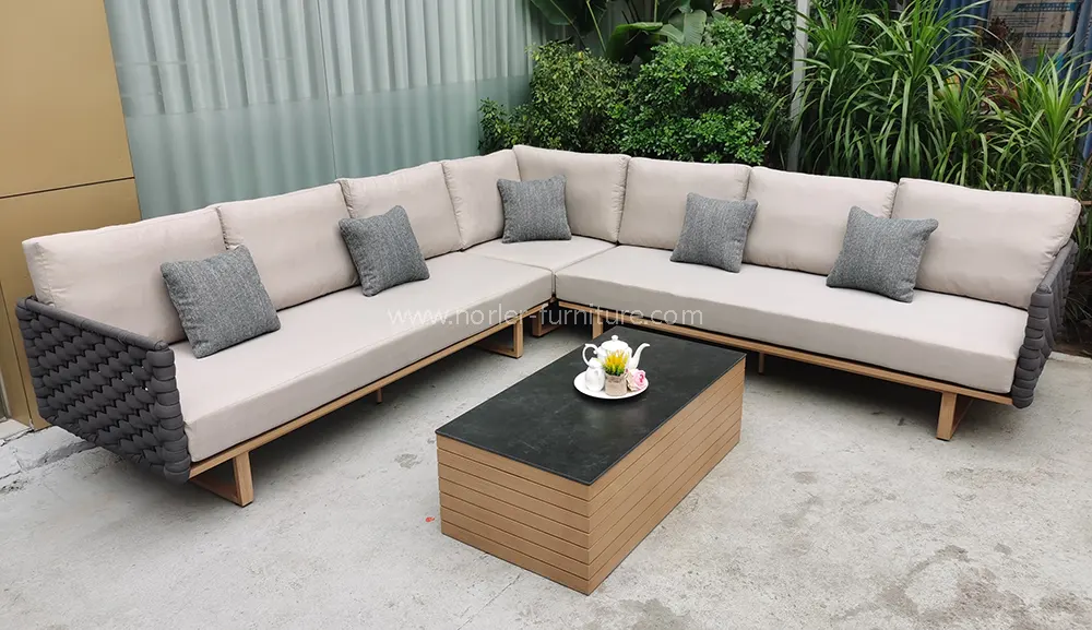 Modern L-shaped Teak Wood base Aluminum Frame Outdoor Sofa