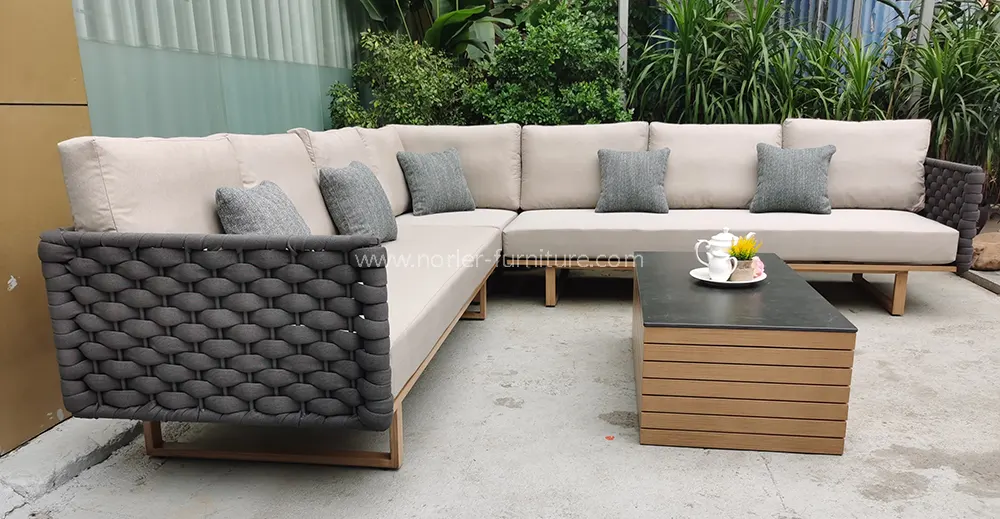 Modern L-shaped Teak Wood base Aluminum Frame Outdoor Sofa