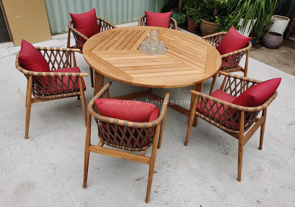 High-End Outdoor Teak Wood Frame Woven Belt Dining Set