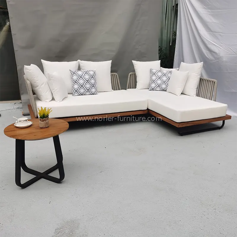 Ang modernong L-shaped aluminyo frame teak na kahoy na upuan sa labas ng sofa