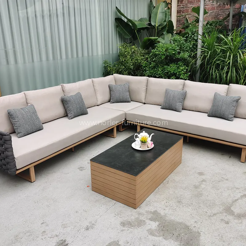 Ang modernong L-shaped teak na kahoy na base ng aluminyo ay panlabas na sofa