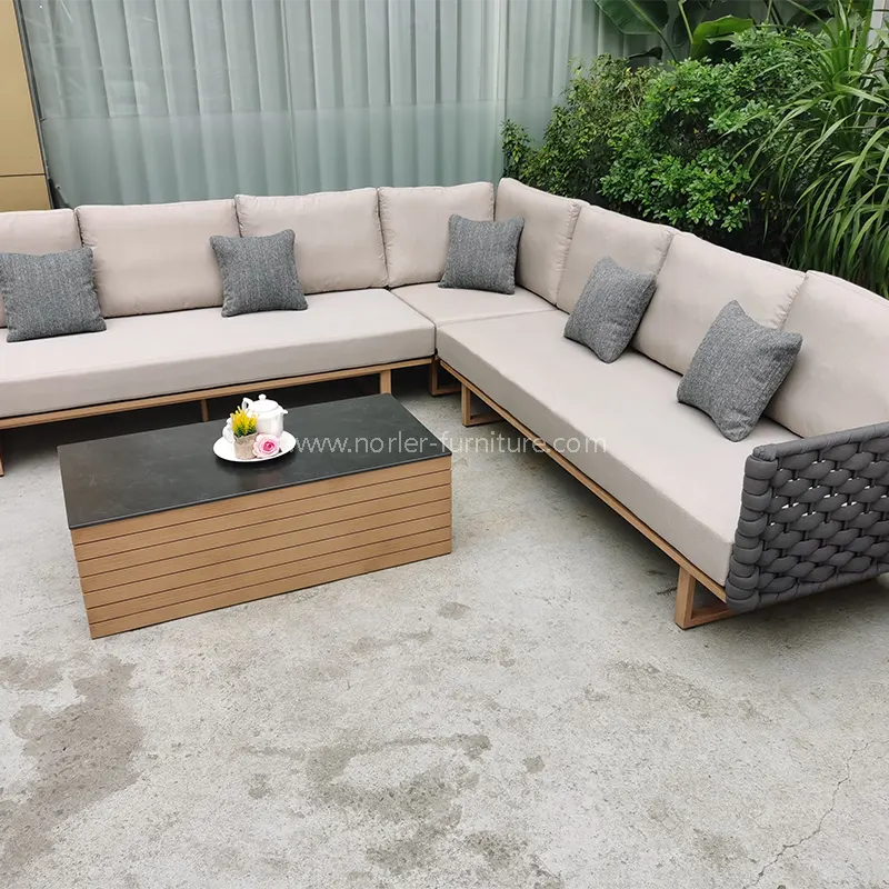 Ang modernong L-shaped teak na kahoy na base ng aluminyo ay panlabas na sofa