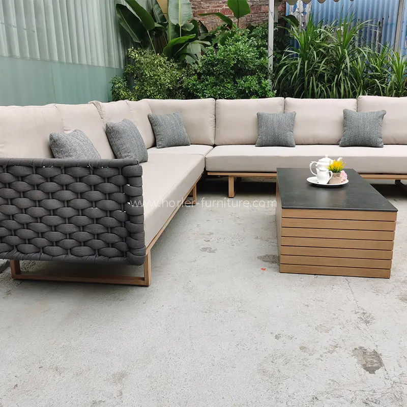Ang modernong L-shaped teak na kahoy na base ng aluminyo ay panlabas na sofa