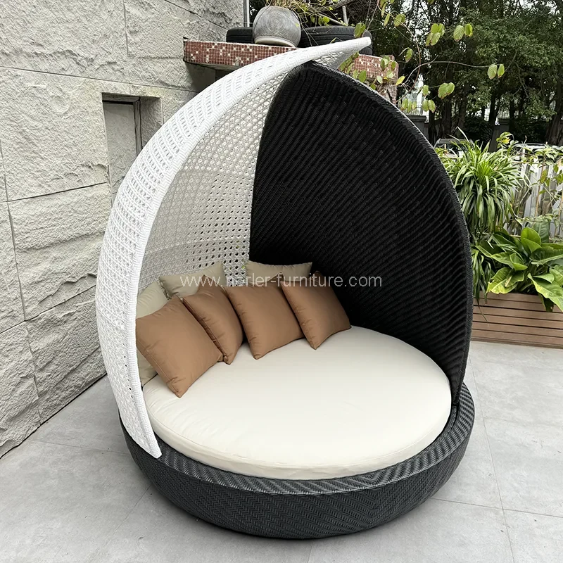 Panlabas na kasangkapan sa bahay pe rattan round sunshade sun bed
