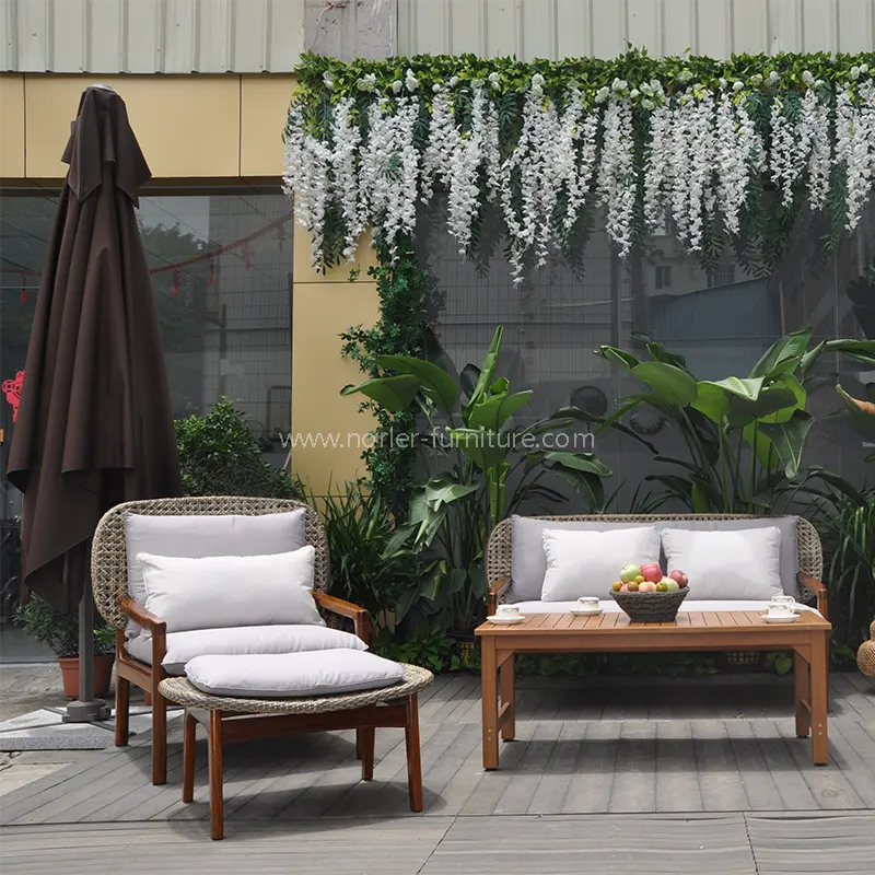 Panlabas na panahon na lumalaban sa teak na kahoy na rattan sofa set